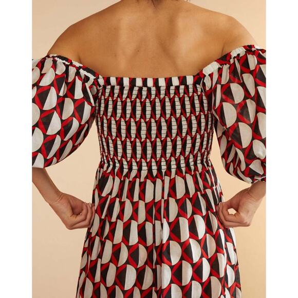 Cynthia Rowley Caprice Midi Dress Off The Shoulder Puff Sleeve Smocked Geometric - Picture 5 of 15